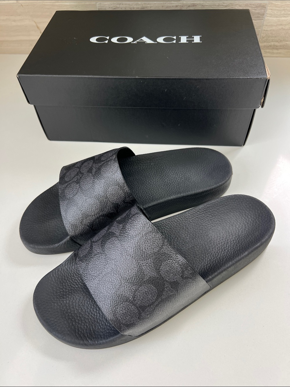 Coach signature charcoal grey black logo coated canvas open toe slides sandals